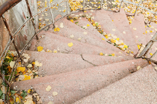 Closeup of stairs outdoors with yellow leaves