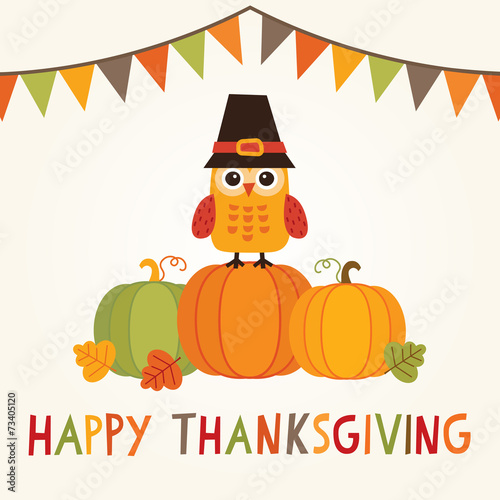 happy thanksgiving card with owl in pilgrim hat on pumpkins