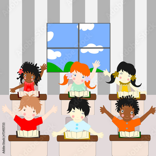 Children of different races learn in the school room