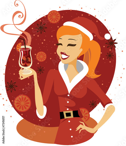 Santa girl with glass of mulled wine