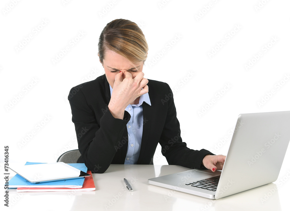 business woman in stress and headache at office computer business woman in stress and headache at office computer
