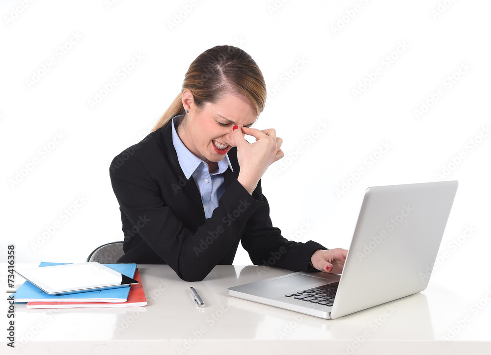 businesswoman woith headache working in stress at office laptop businesswoman woith headache working in stress at office laptop
