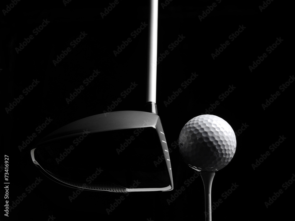 Golf Wood with a Golf Ball and Golf Tee Isolated on Black - obrazy, fototapety, plakaty 