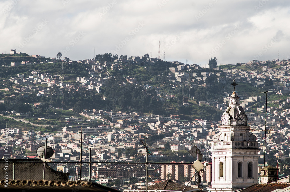 tower of Santo Domingo church in colonial Quito Ecuador South