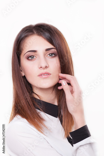 Portrait business woman, isolated on grey background