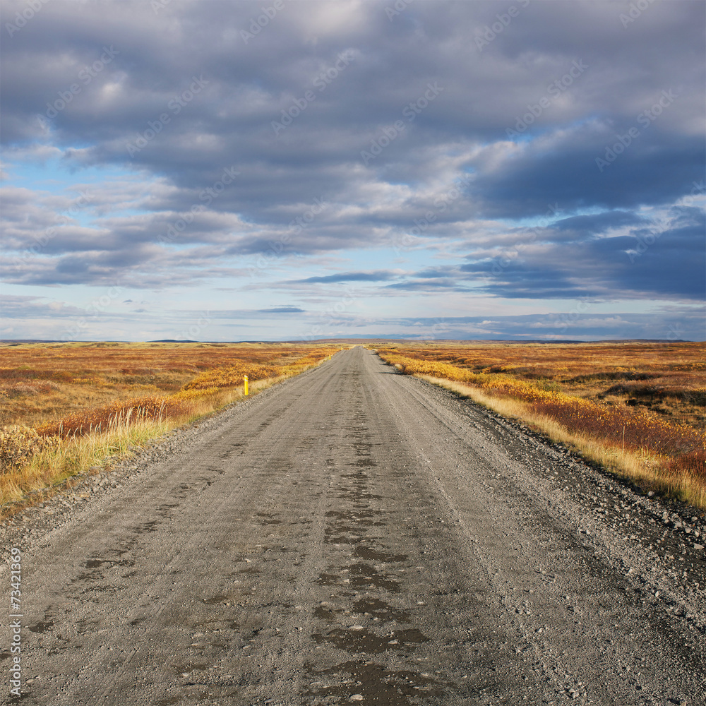 Empty straight gravel road goes to horrizon in Iceland Empty straight gravel road goes to horrizon in Iceland