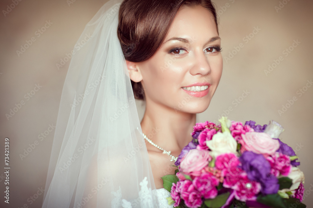 Naklejka premium Happy bride wedding makeup hairstyle bridal day