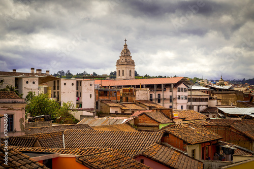 tower of Santo Domingo church in colonial Quito Ecuador South