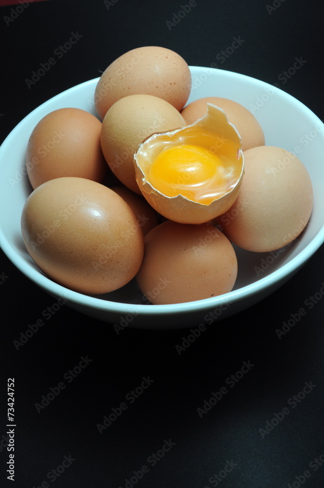 Eggs in plate with broken egg above Eggs in plate with broken egg above