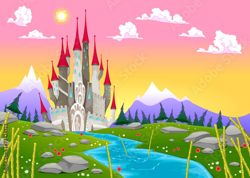 Fantasy mountain landscape with medieval castle