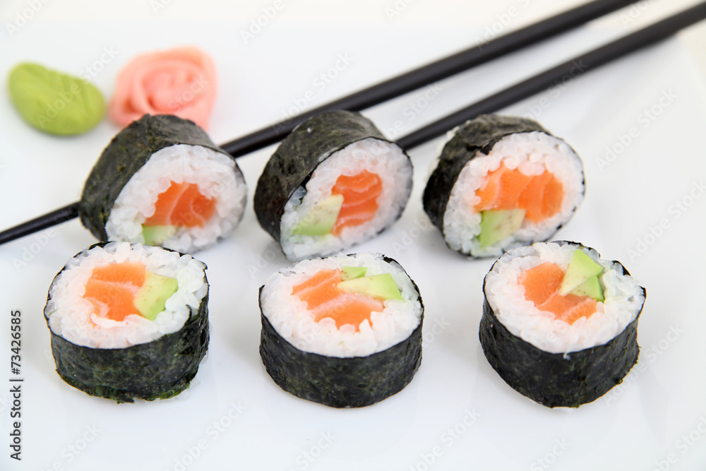 Futomaki, salmon and avocado. Traditional japanese sushi rolls Futomaki, salmon and avocado. Traditional japanese sushi rolls