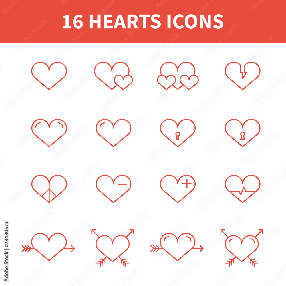 Set of heart icons,symbol,sign in flat style. Hearts collection