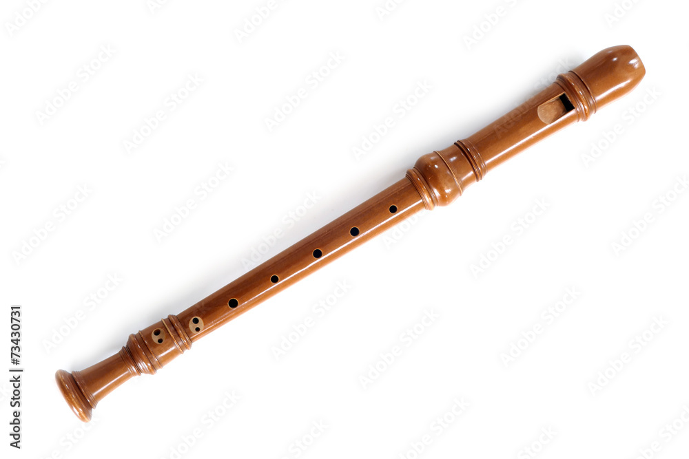 Fototapeta premium single recorder, musical instrument of wood, isolated on white