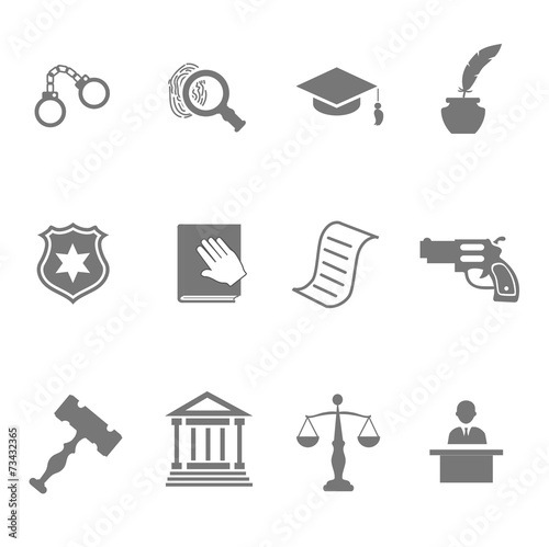 Set of black and white silhouette justice police icons