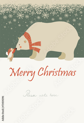 Little angel and polar bear celebrating Christmas