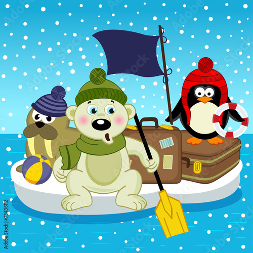 polar bear walrus penguin travel on floe - vector, eps