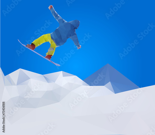 flying snowboarder on mountains, vector