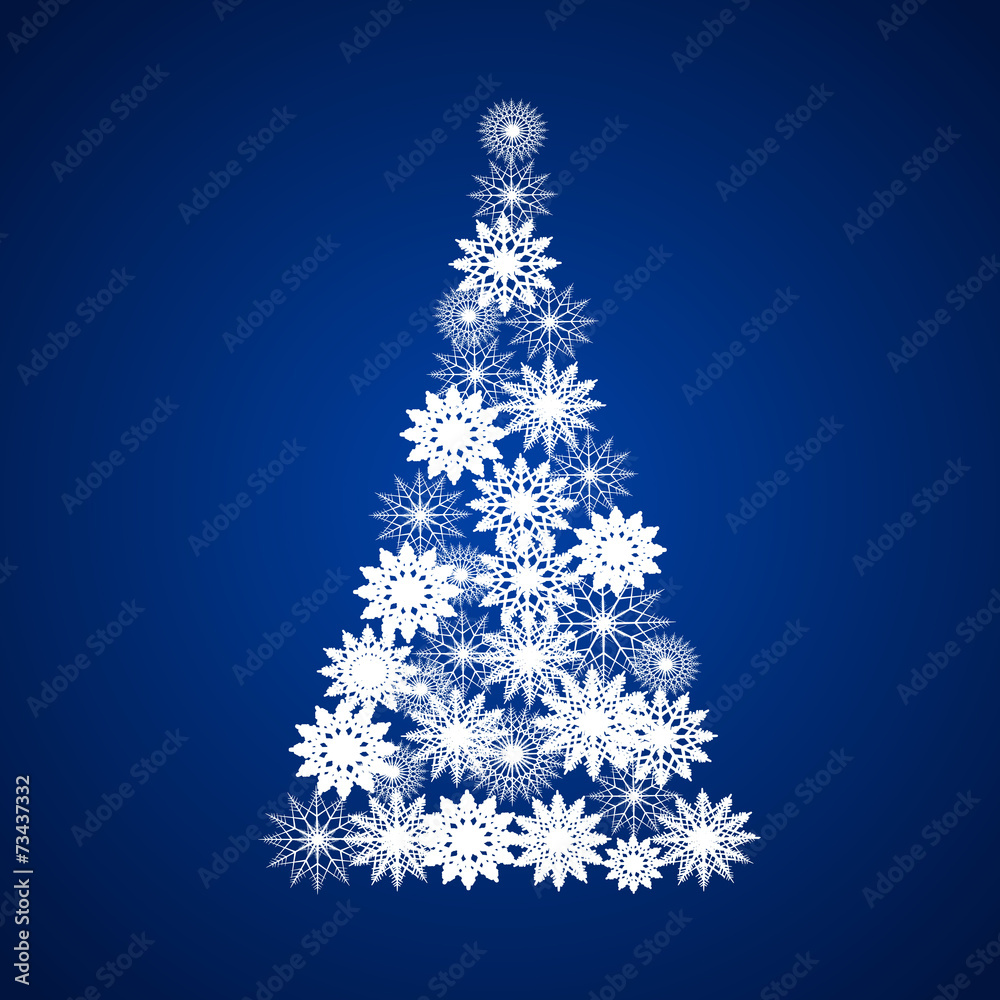 Abstract vector christmas tree from white snowflakes on bright b Abstract vector christmas tree from white snowflakes on bright b