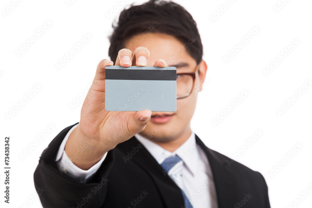 Asian businessman show a blank card cover his face