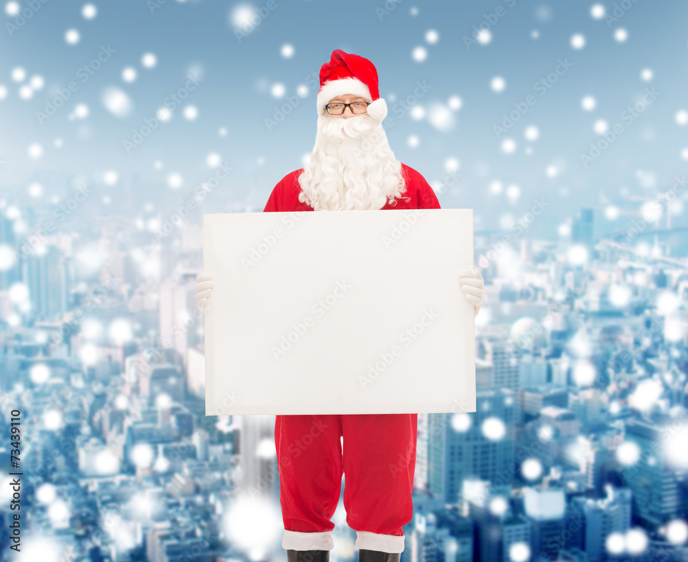 man in costume of santa claus with billboard man in costume of santa claus with billboard