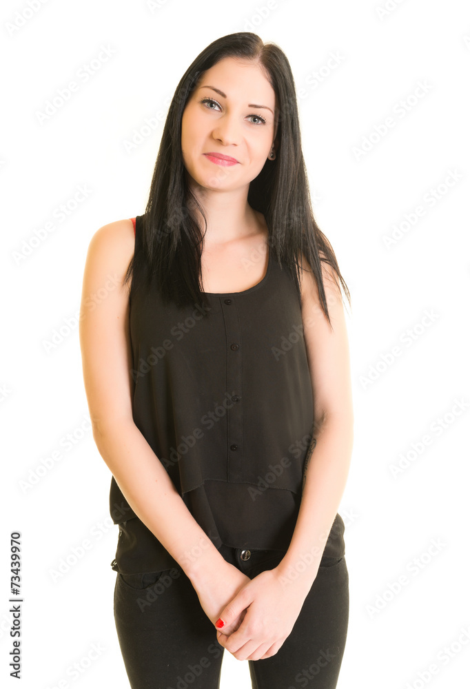 Portrait of beautiful female model on white background
