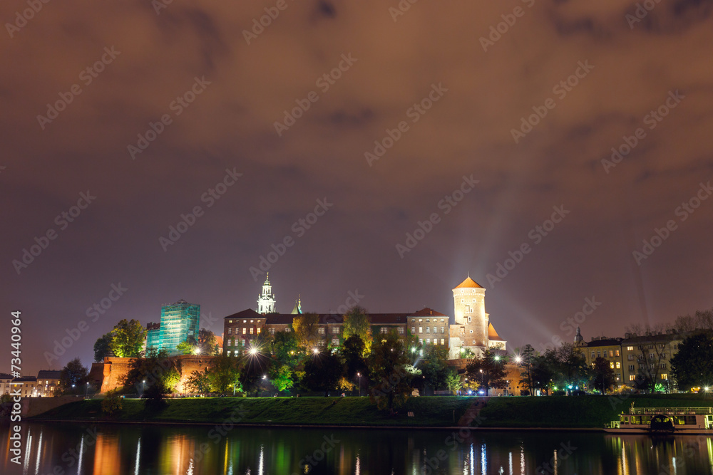 Night view of Wawel Castle in Cracow, Poland.