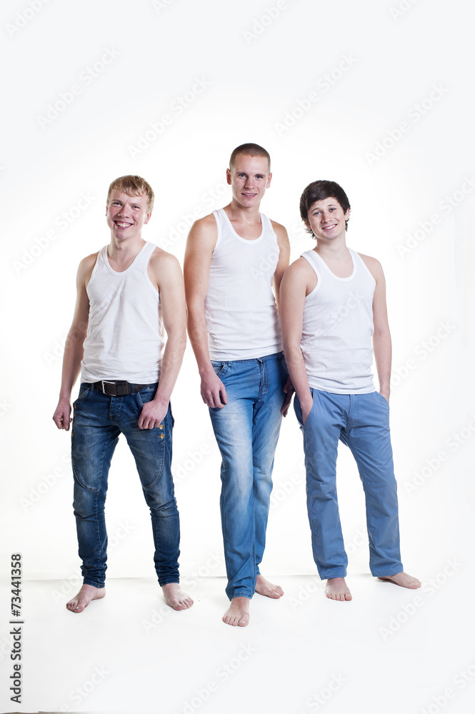 three men on a white background in studio