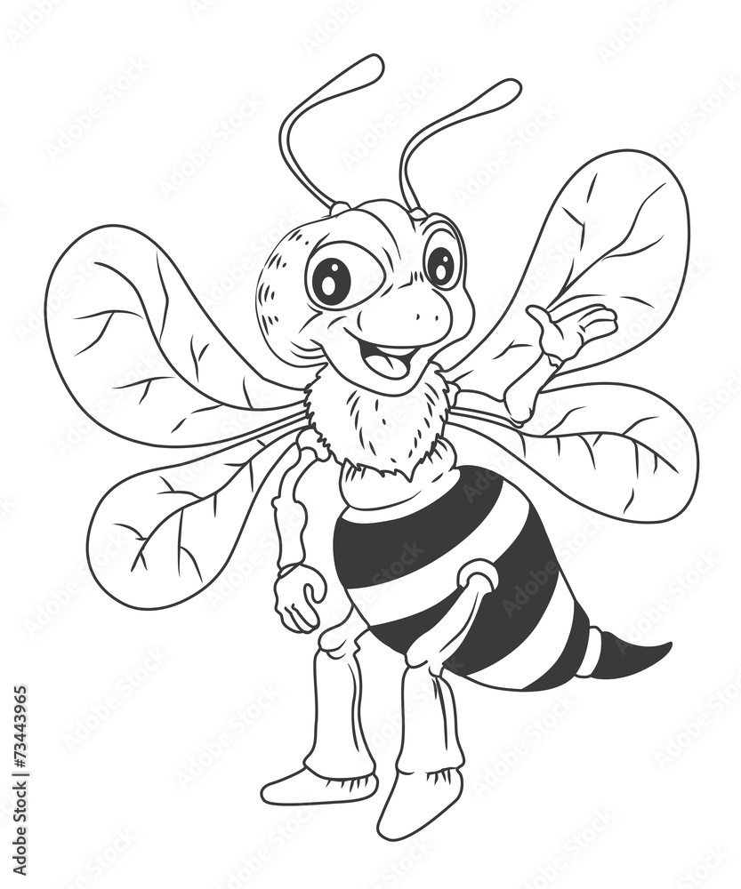 black and white Bee Cartoon - obrazy, fototapety, plakaty 