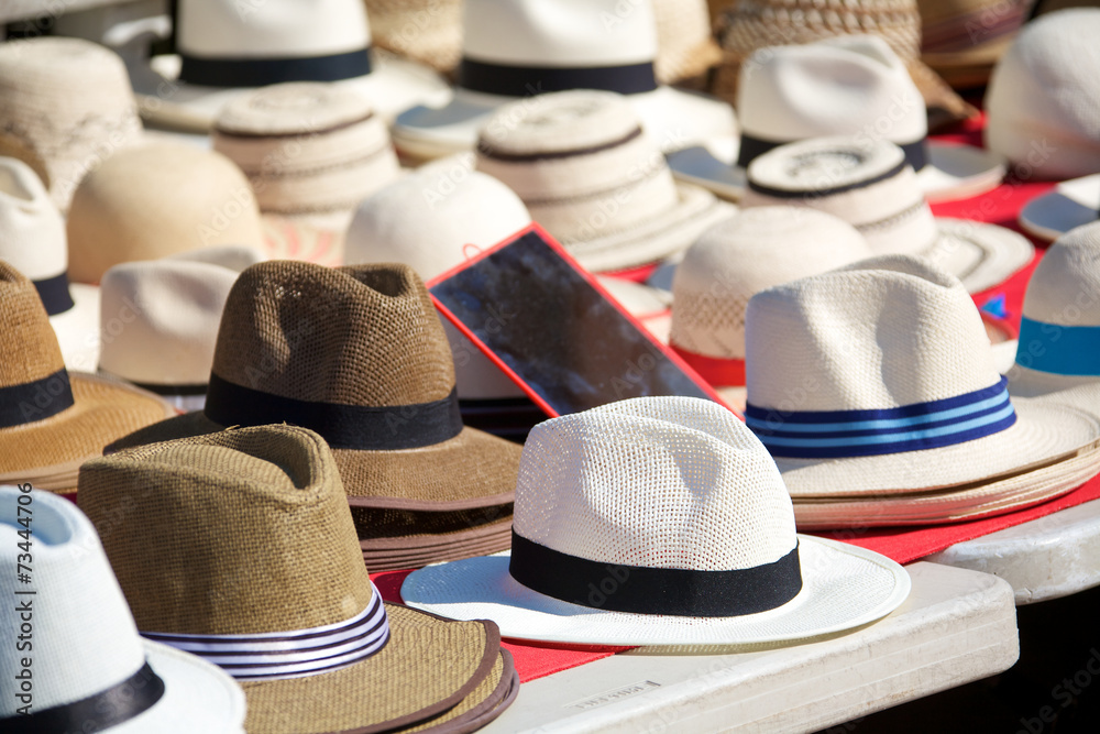 Panama hats for sale at an outdoor market in Panama