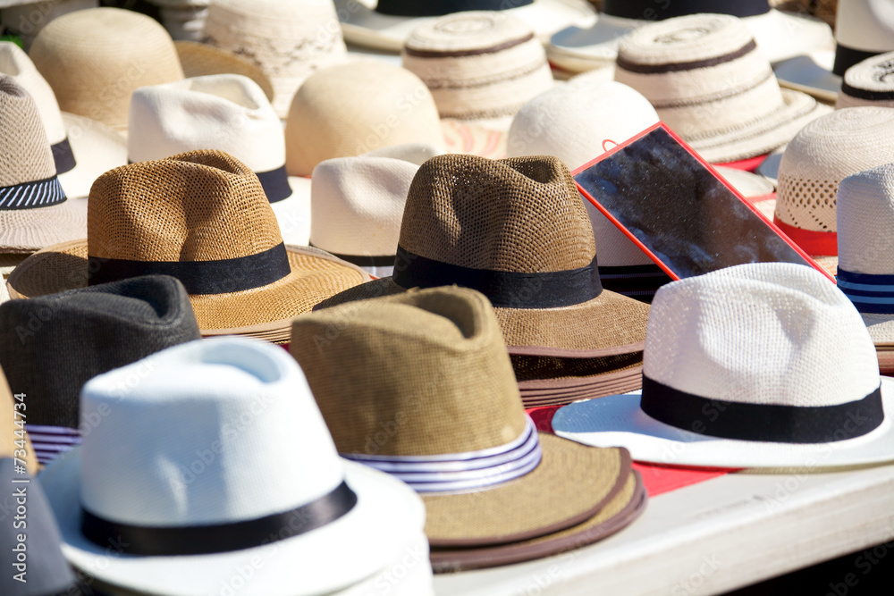 Panama hats for sale at an outdoor market in Panama