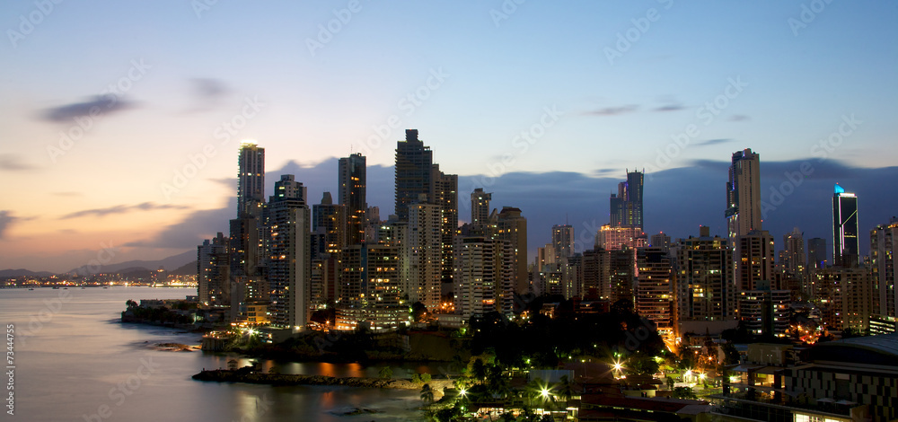 The skyscrapers of downtown Panama City, Panama at sunset