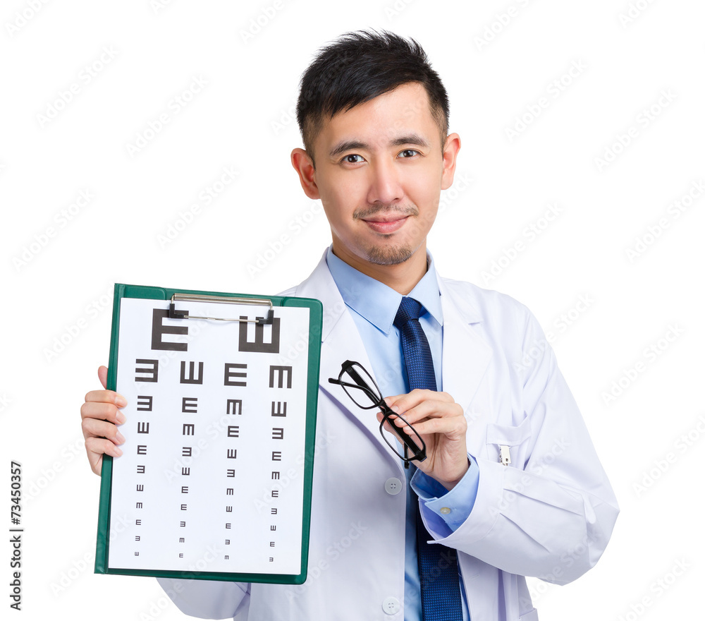 Optical doctor with eye chart and glasses Optical doctor with eye chart and glasses