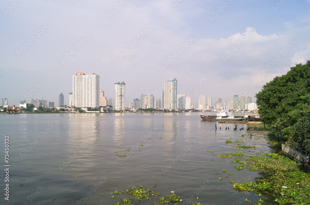 Trees,tall buildings and river in Bangkok of Thailand Trees,tall buildings and river in Bangkok of Thailand