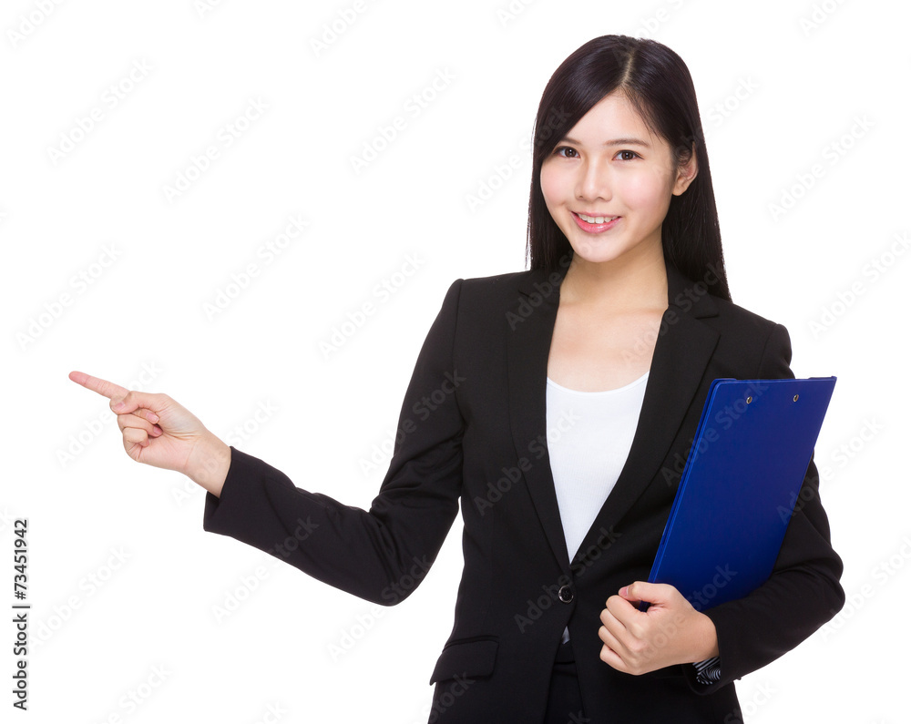 Businesswoman with clipboard and finger point out Businesswoman with clipboard and finger point out