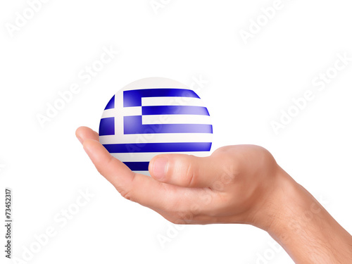 hand hold Greece flag icon on white bakground