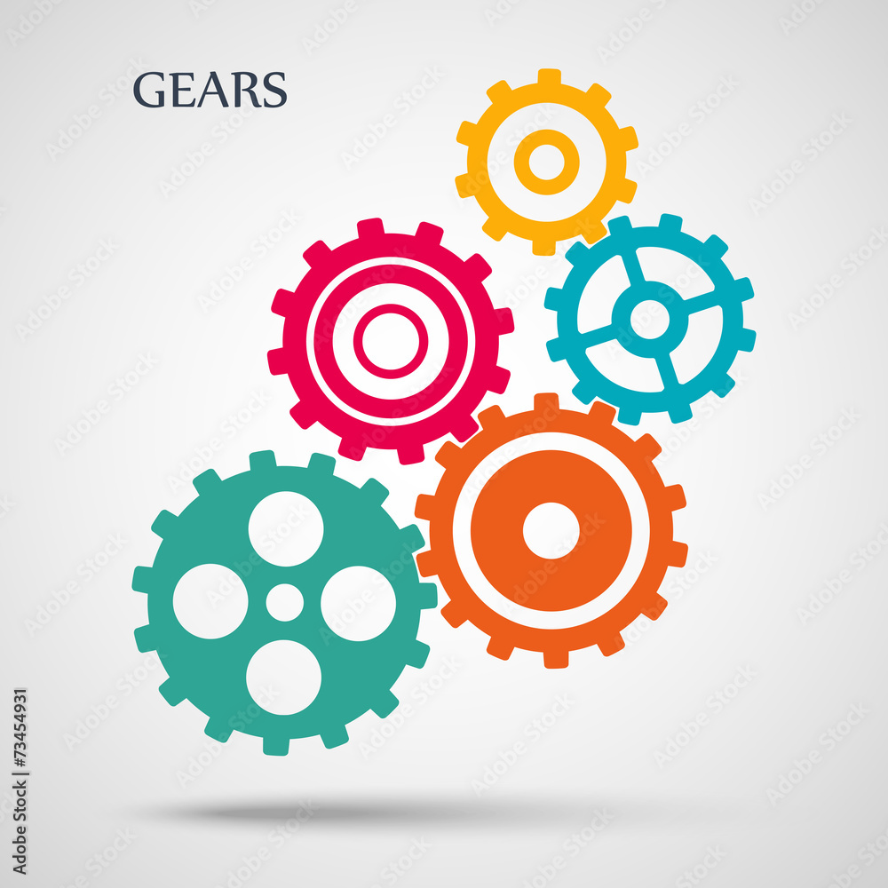 Colorful toothed gears (cogs) is meshed on gray background Colorful toothed gears (cogs) is meshed on gray background