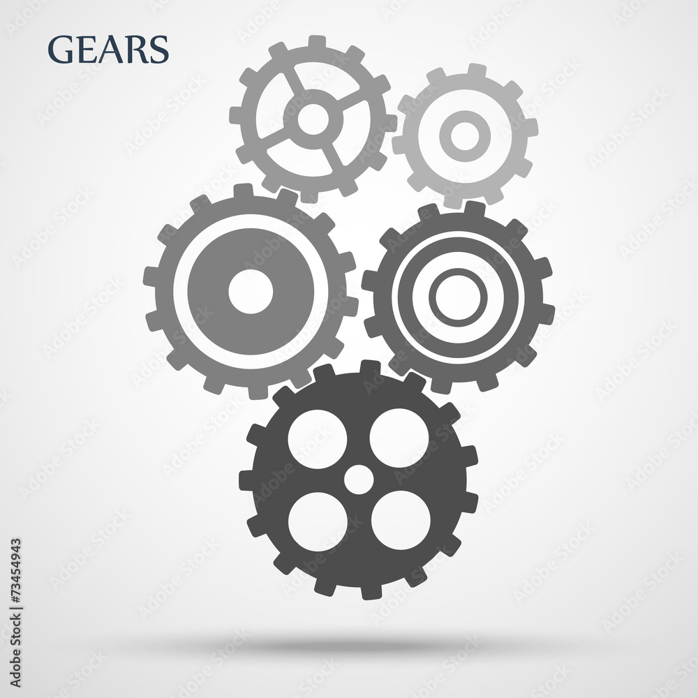 Gray toothed gears ( cogs ) is meshed on gray background