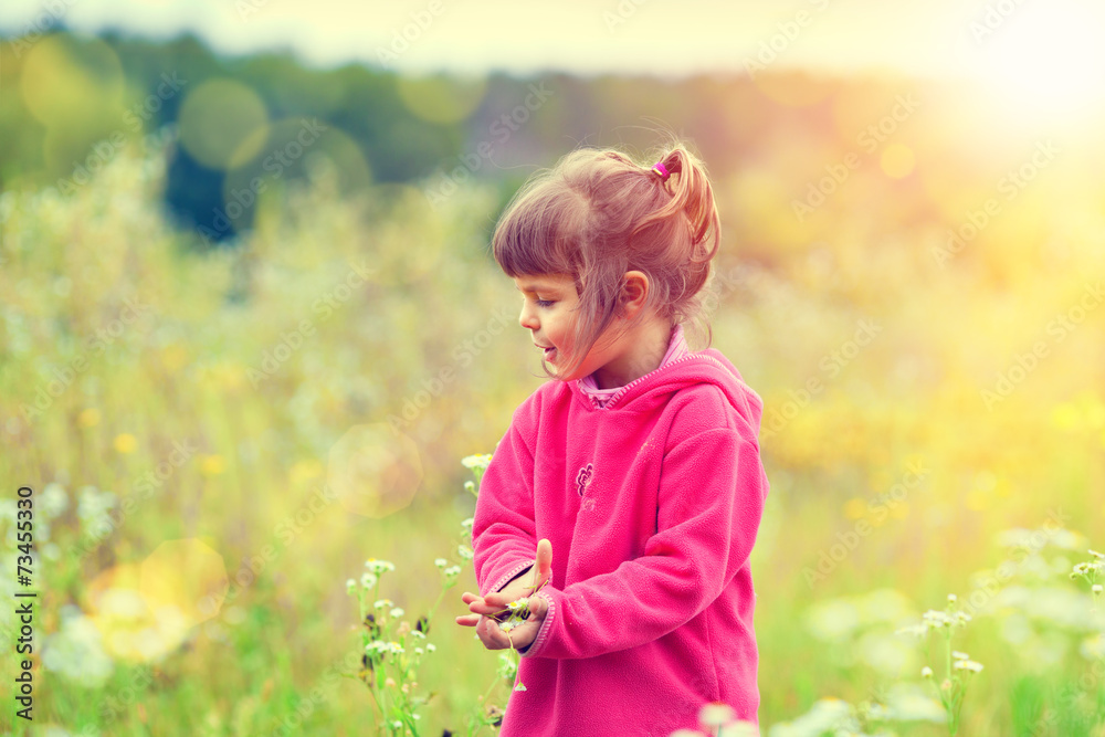 Little girl picking flowers in the meadow Little girl picking flowers in the meadow