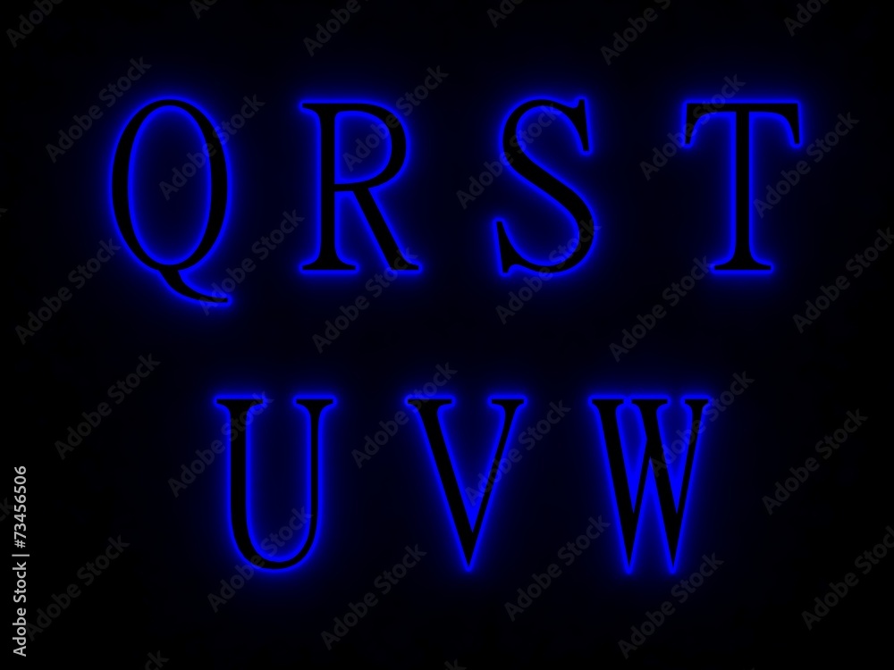 Blue neon signs with letters of the alphabet.