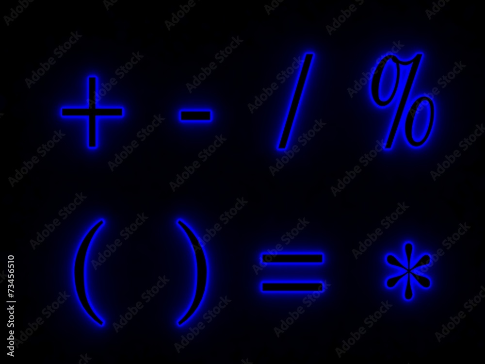 Blue neon signs with symbols of the alphabet.