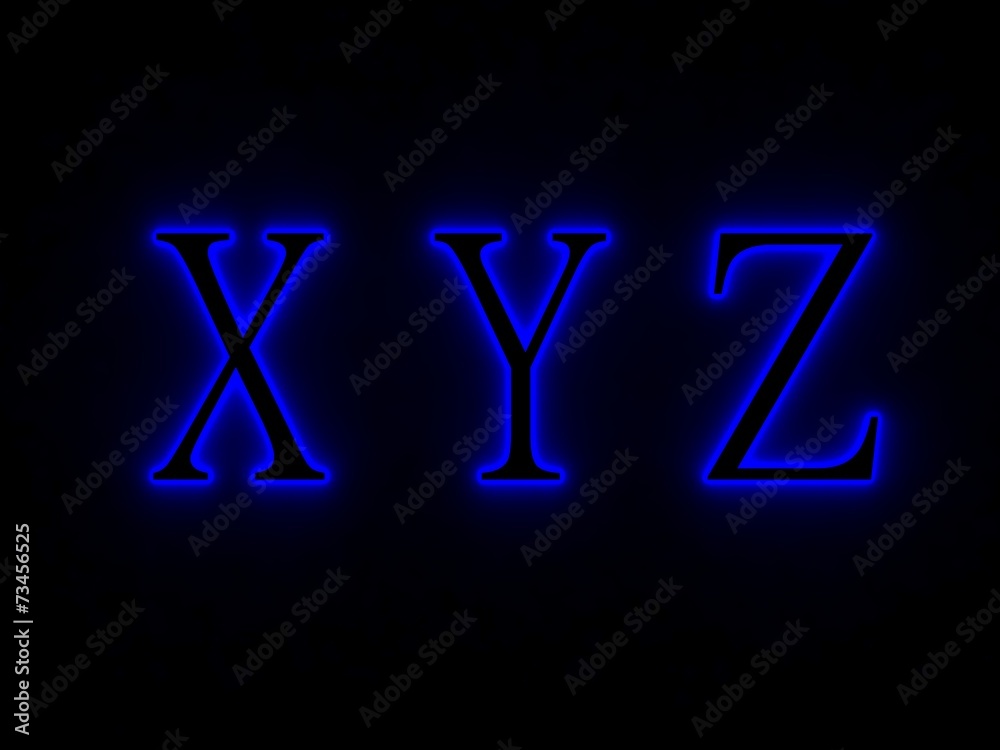 Blue neon signs with letters of the alphabet.