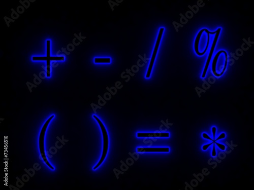 Blue neon signs with symbols of the alphabet.