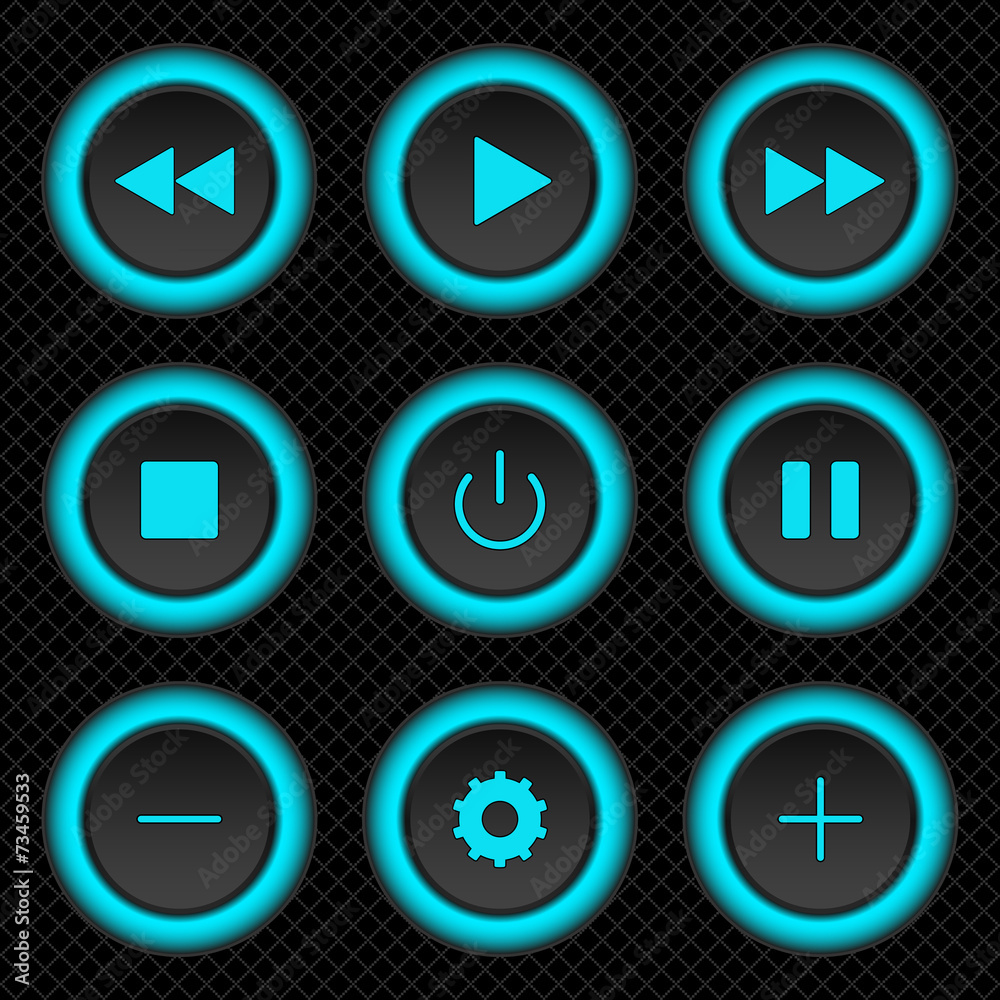 Set blue plastic buttons for media player on a black background