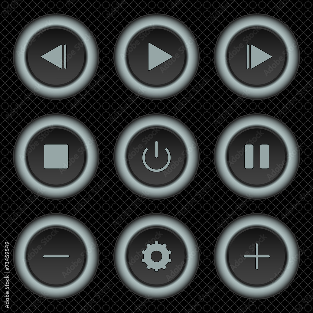 Set gray plastic buttons for media player on a black background Set gray plastic buttons for media player on a black background