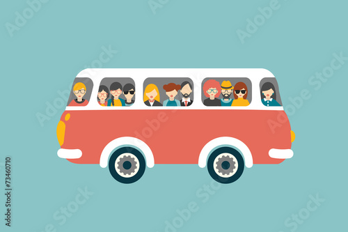 Retro bus with passengers. Flat vector concept. photo