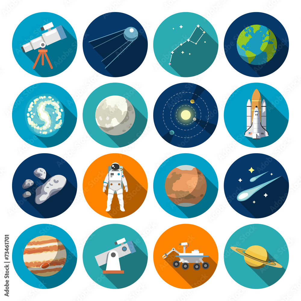 Naklejka premium Flat design icons of astronomy. Vector icons.#1