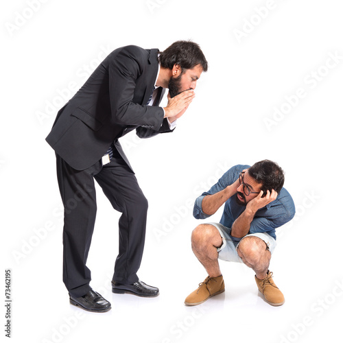 Person angry with his brother over white background