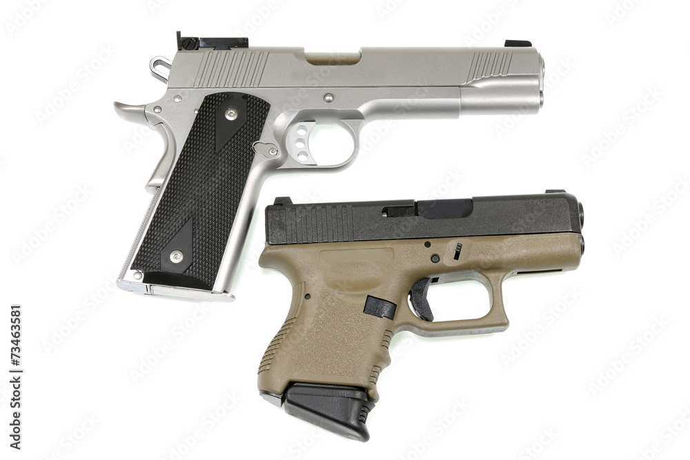 Automatic handgun on white background.
