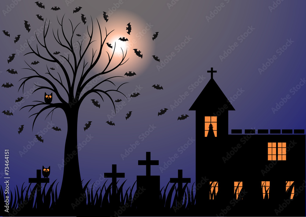 Dark night with moon, bats, trees, graves and the church