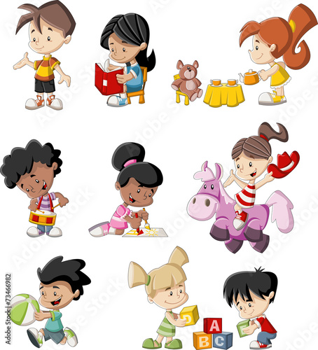 Group of happy cartoon children playing